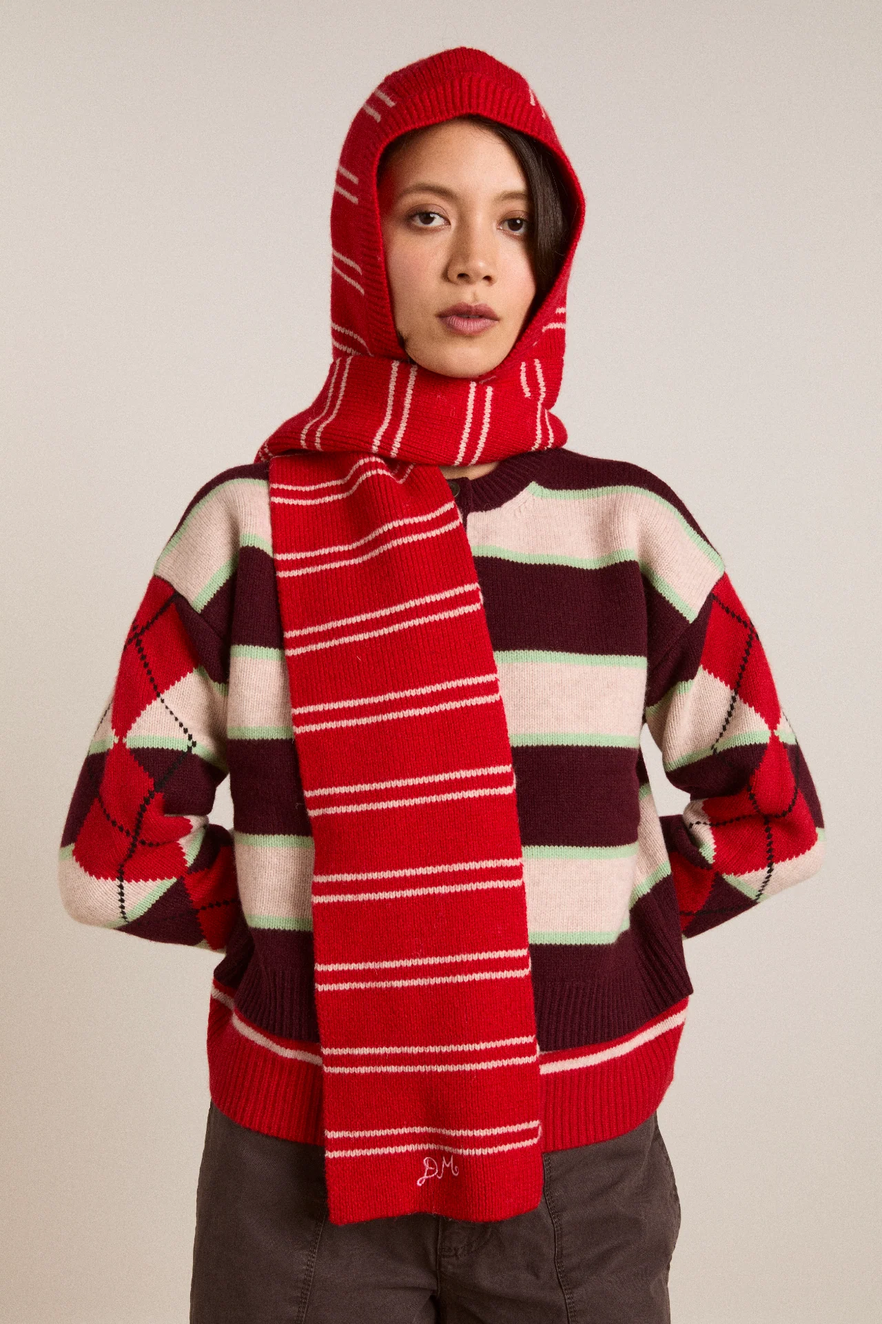 hooded scarf - red & oatmeal stripe
